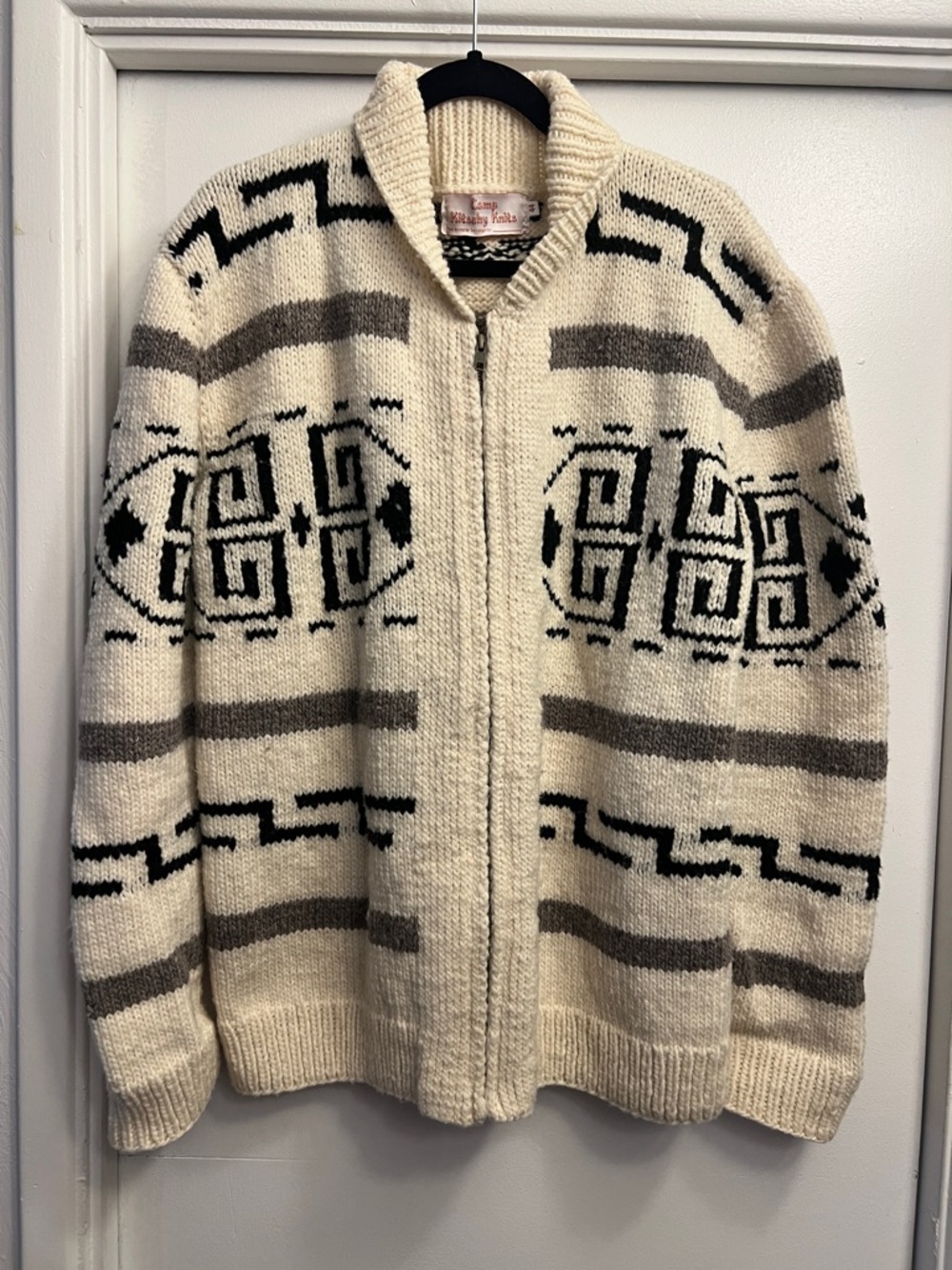 Camp Kitschy Knits THE DUDE Hand Knit Wool Cowichan Zip Up Sweater Size 44 Large